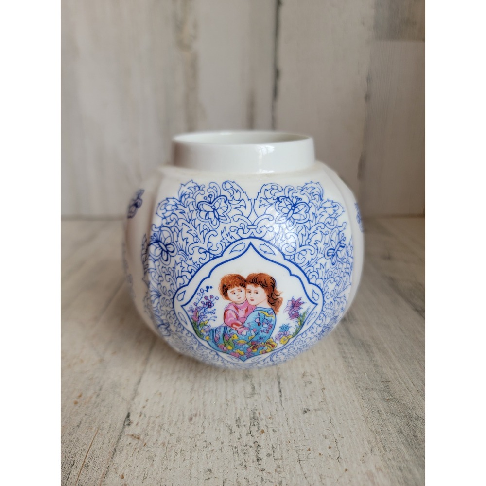 Edna Hibel Society blue trellis temple jar mom child art vase vintage unique